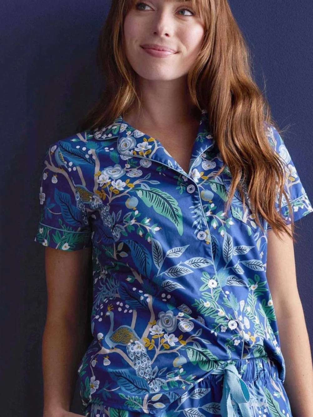 NWT Rifle Paper x Company Store Navy Floral Peacock Short-Sleeve Pajama Top, L